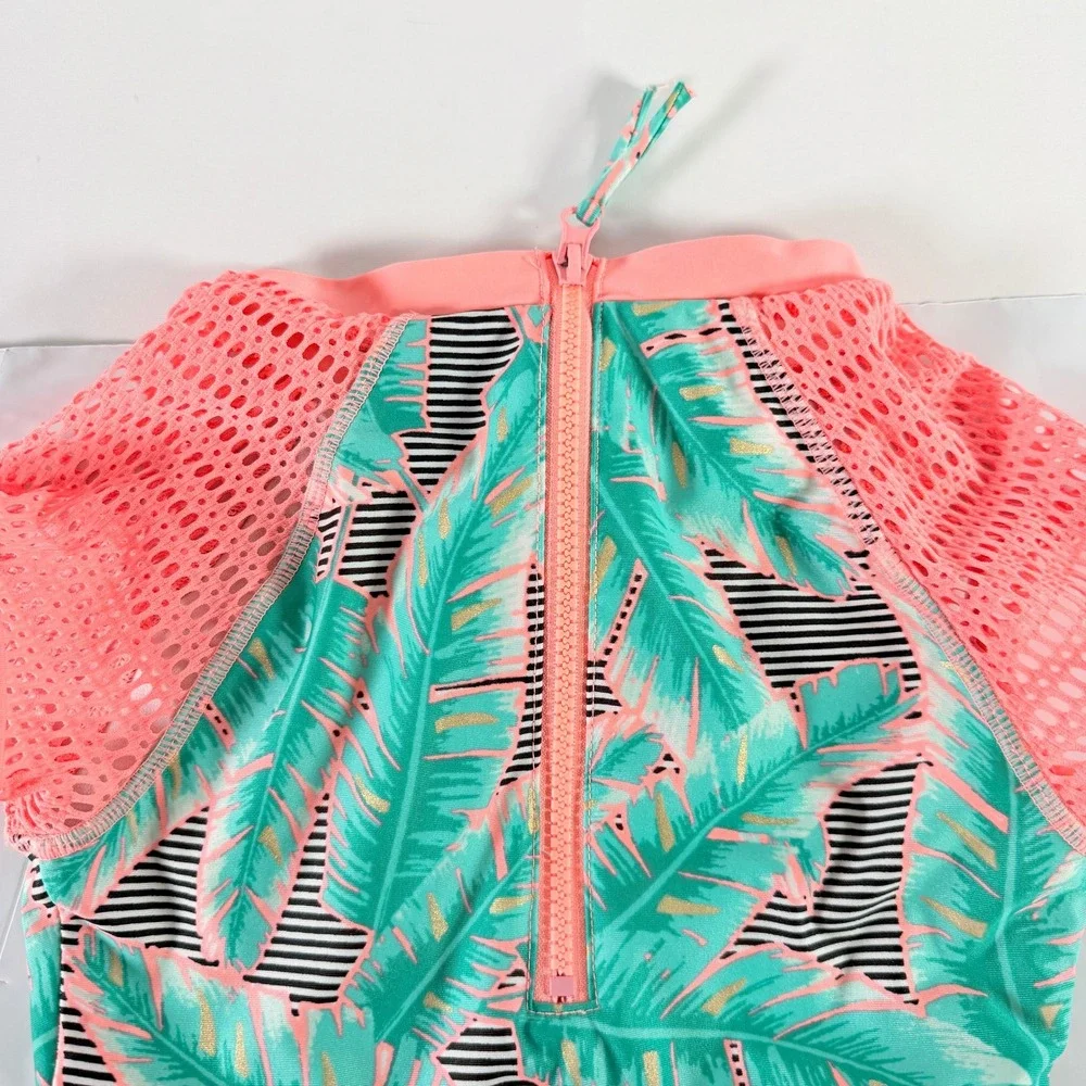 Girls Palm‎ Leaf One Piece Rash Guard Swimsuit Pink Mesh Green
